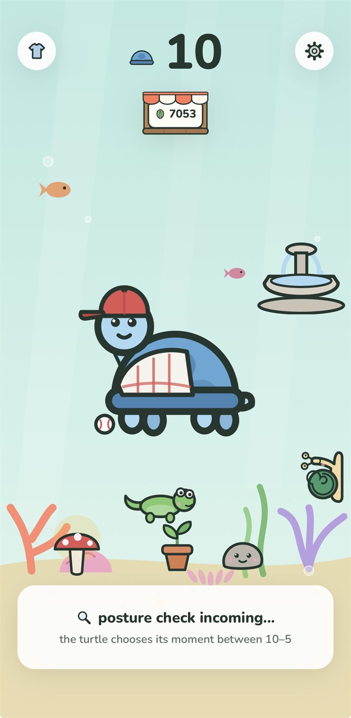 the home screen in an underwater pond scene: the turtle wears a baseball cap among shop finds, above a banner reading: posture check incoming — the turtle chooses its moment between 10 and 5