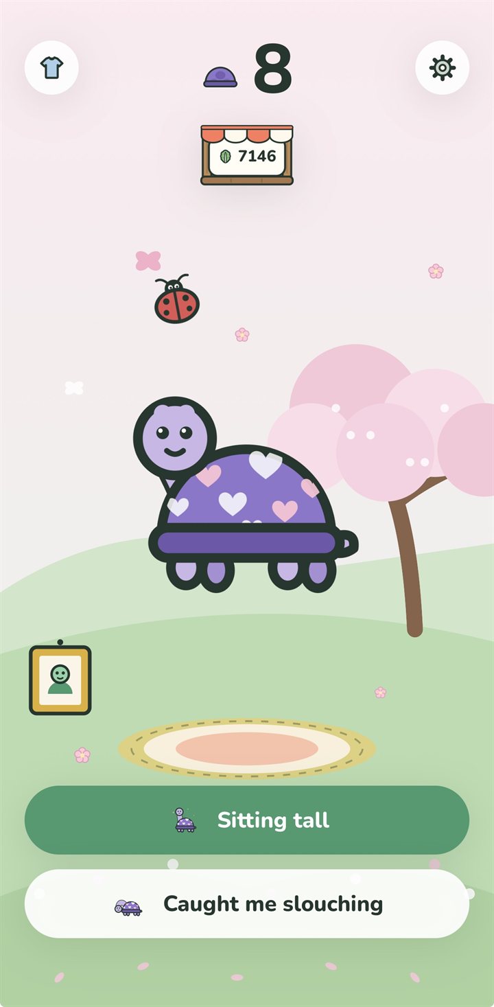 the turtleneck home screen in a cherry-blossom scene: a purple turtle with a heart-pattern shell above two buttons — sitting tall, and caught me slouching