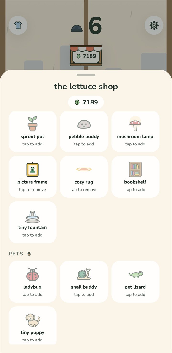 the lettuce shop sheet: decor like a sprout pot, pebble buddy, mushroom lamp and tiny fountain, plus pets — ladybug, snail buddy, pet lizard, tiny puppy