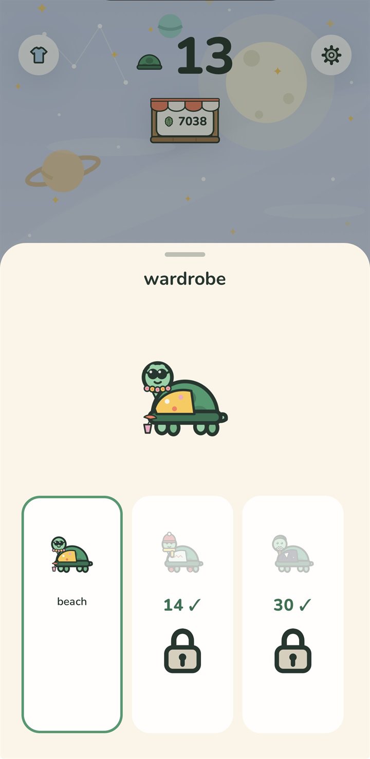 the wardrobe sheet: the beach fit is on — sunglasses, a lei, and a sandcastle shell — while two more outfits wait behind 14 and 30 check-in milestones